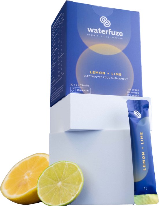 Waterfuze Elektrolyten Poeder Geen Toegevoegde Suikers – Citroen-Limoen – 30 Zakjes | Electrolytes Sportdrank | Magnesium, Kalium, Natrium, Calcium | Glutenvrij | Keto