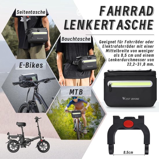 Waterproof Handlebar Bag for E-Bikes - Front Bicycle Bag with Phone Holder - Removable Shoulder Strap - 4 L van WATERFLY