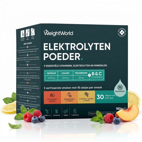 WeightWorld Elektrolyten Poeder zakjes - 9 essentiële electrolytes, mineralen en vitamines - 30 zakjes in 3 natuurlijke smaken - Zonder suiker