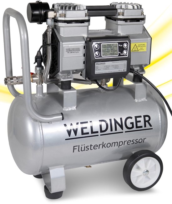WELDINGER FK100 Fluistercompressor, aluminium pro digitaal display, 900 W, vermogen, drukbereik 3-9 bar, 17 l, aluminium tank, gewicht slechts 12 kg