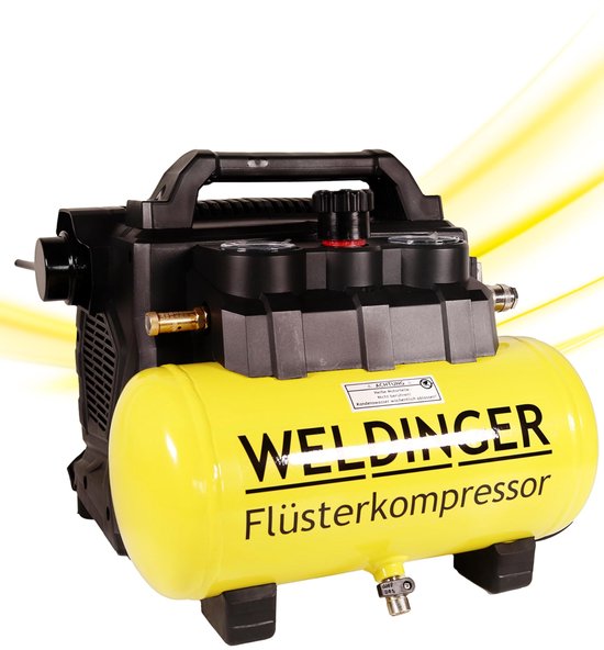 WELDINGER Fluistercompressor FK 135 pocket olievrij 1100 W luchtafgifte 135 l tankvolume 6 l drukregelaar 5 jaar garantie