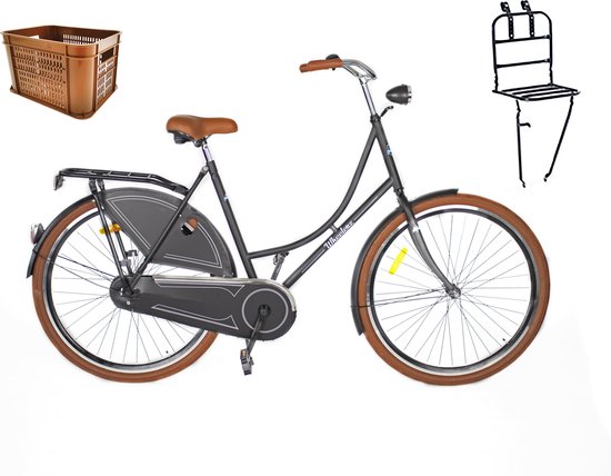 Wheelerz.nl omafiets 28 matzwart met rek en krat 100% RIJKLAAR GELEVERD van Wheelerz