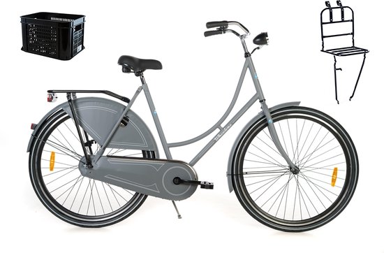 Wheelerz.nl omafiets grijs met voordrager en krat van Wheelerz