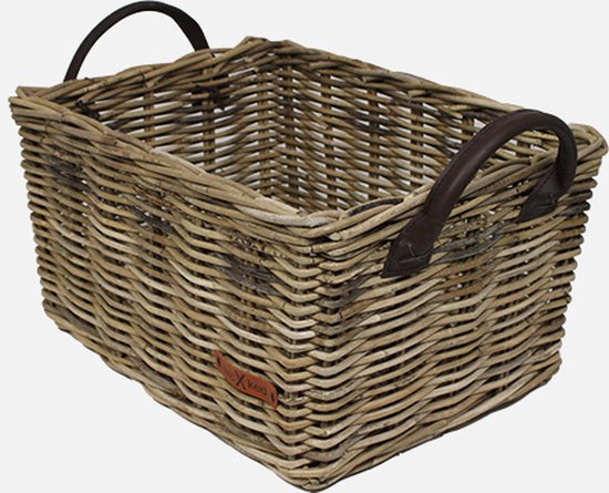 WICKED kratmand L grijs met leren hengsels (46x35x25) van WICKED