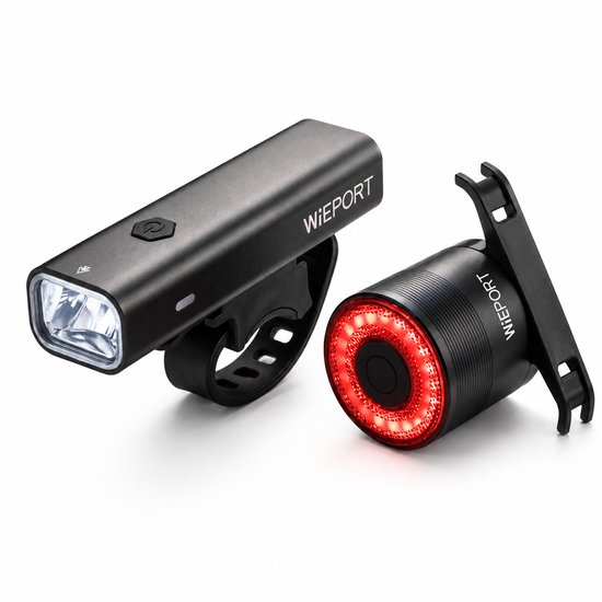 Wieport Fietsverlichting Voor en Achter - 800 Lumen LED Voorlamp & Achterlicht met Remsensor - Oplaadbaar