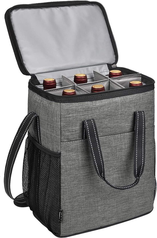Wijn- en bierfles gevoerde koeltas - handvat en schouderriem - reizen picknick mand - vrouwen/mannen van Merkloos