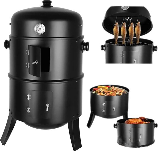 Wildor® 3in1 BBQ - Houtskoolgrill - Barbecue Roker - Vat Roker Grill - Met Thermometer - Verstelbare luchtuitlaat - 2 Grills 38Ø - 2 Deuren - Vlees roken - Vis roken - Braden, Grillen, Stoomkoken en Roken van Wildor