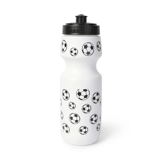 Wit waterfles bidon met zwart voetbal patroon unisex sport waterfles 600 ml met zwarte drinkdop – herbruikbare bidon voor sport voetbal school fietsen outdoor training en dagelijks gebruik
