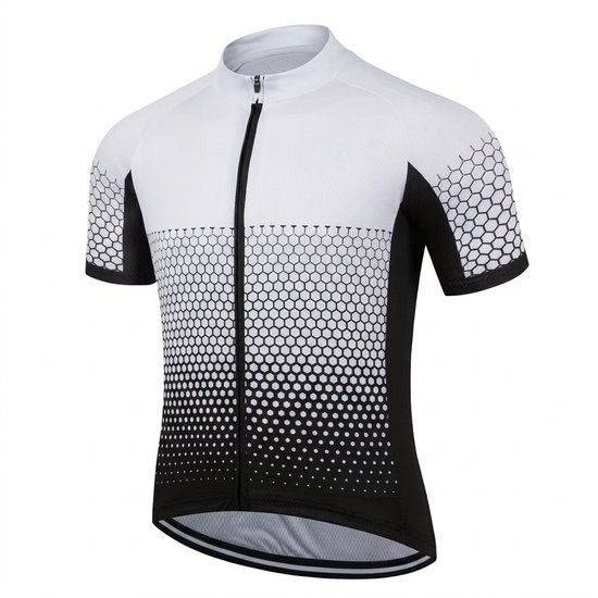 Wit zwart sport wielren shirt heren korte mouw fiets jersey met rits ademend sneldrogend vochtafvoerend stretch MTB fietsshirt wielrennen racefiets maat XL