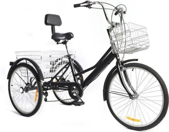 WNHB® 24 Inch Driewieler voor Volwassenen - Opvouwbare 3-Wiel Fiets met 7 Versnellingen, Fietsmand, Rugleuning en LED Verlichting - Zwart van Merkloos