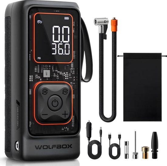 Wolfbox Elektrische Fietspomp - Luchtcompressor - voor Fiets, Scooter, Motor en Auto - Elektrische Bandenpomp - Oplaadbaar & Draagbaar - Bandenpomp - Compressor - Autobanden Pomp - Incl. Opbergzakje en Powerbankfunctie - PRO
