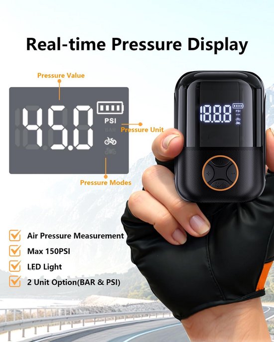Xcruiser Fietspomp Elektrische Draagbare Fietspomp Mini-Bandenpomp Met Digitale Psi-Drukmeter Bandeninflator Fiets Luchtpomp