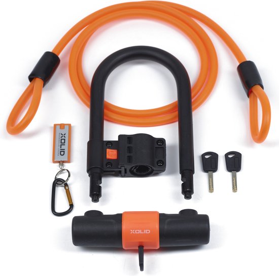 Xolid Fietsslot of scooter slot - 18x24 cm - oranje - kabelslot - beugelslot - met extra kabel - bromfiets van XO