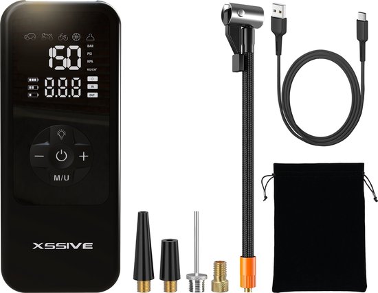Xssive AP01 Elektrische Fietspomp - Draadloze Luchtcompressor voor Fiets, Scooter, Motor en Auto - Bandenpomp - Ballenpomp - Compressor - Oplaadbaar & Draagbaar - Incl. Opbergzakje en Powerbank functie