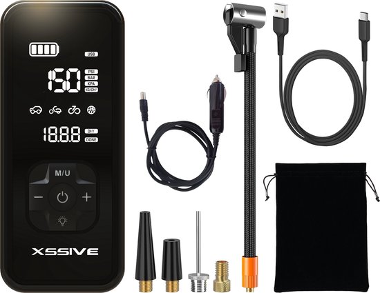 Xssive AP02 Luchtcompressor voor Fiets, Scooter, Motor en Auto - Elektrische Fietspomp - Draadloze Bandenpomp - Compressor - Oplaadbaar & Draagbaar - Incl. Opbergzakje en Powerbank functie