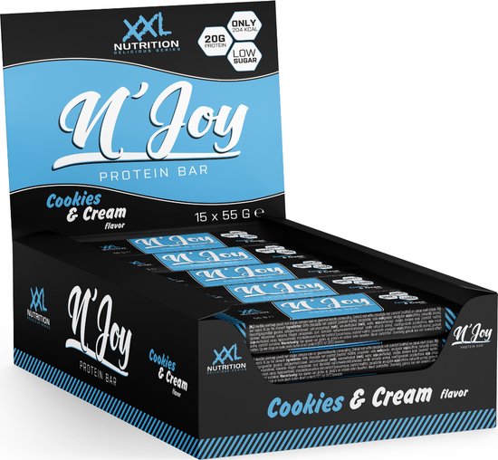 XXL Nutrition - N'Joy Protein Bar - 20 Gram Eiwit - Eiwitrepen & -snacks, Proteine Repen - Smeuďge Eiwit Reep én Hoog in Eiwit - Diverse Smaken - Cookies & Cream - 15 Pack van XXL Nutrition