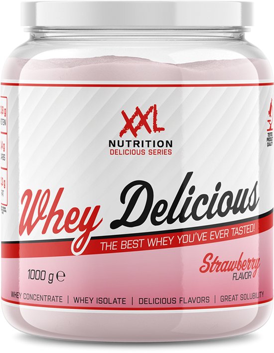 XXL Nutrition - Whey Delicious - 80% Eiwit - Aardbei - Wei Eiwitpoeder met BCAA & Glutamine, Proteine Poeder, Eiwit shake, Whey Protein - Diverse Smaken - 1000 gram (33 shakes)