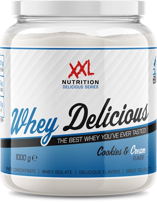 XXL Nutrition - Whey Delicious - 80% Eiwit - Cookies & Cream - Wei Eiwitpoeder met BCAA & Glutamine, Proteine Poeder, Eiwit shake, Whey Protein - Diverse Smaken - 1000 gram (33 shakes)