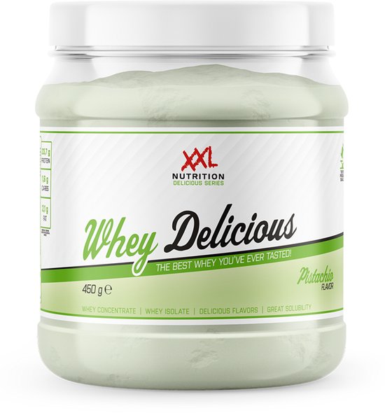 XXL Nutrition - Whey Delicious - 80% Eiwit - Pistache - Wei Eiwitpoeder met BCAA & Glutamine, Proteine Poeder, Eiwit shake, Whey Protein - Diverse Smaken - 450 gram (15 shakes)