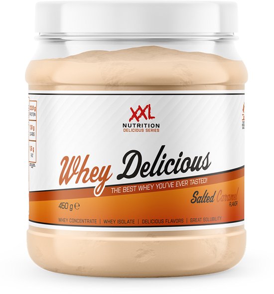 XXL Nutrition - Whey Delicious - 80% Eiwit - Salted Caramel / Karamel Zeezout - Wei Eiwitpoeder met BCAA & Glutamine, Proteine Poeder, Eiwit shake, Whey Protein - Diverse Smaken - 450 gram (15 shakes)