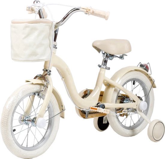 YAR Biky Meisjesfiets – 18 Inch – Kinderfiets met Zijwielen & Stuurtas – Beige