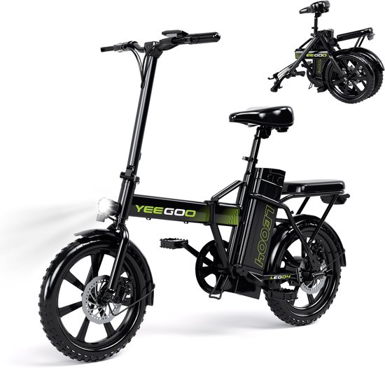 YEE GOO Elektrische fiets - Elektrische Vouwfiets - Opvouwbare fiets - 250 W Motor - 36V10.4AH Batterij - Verwijderbare Accu - Max. Snelheid 25 km/u - 30-45 km Actieradius - 16″ Banden - Dubbele Schijfremmen - geschikt voor woon-werkverkeer - Zwart