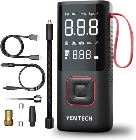 Yemtech® Elektrische Luchtcompressor - Elektrische Fietspomp - Pomp - 6000 mAh Draagbare Bandenpomp - Draagbare Luchtcompressor - 12V Autolader - Zwart van Yemtech