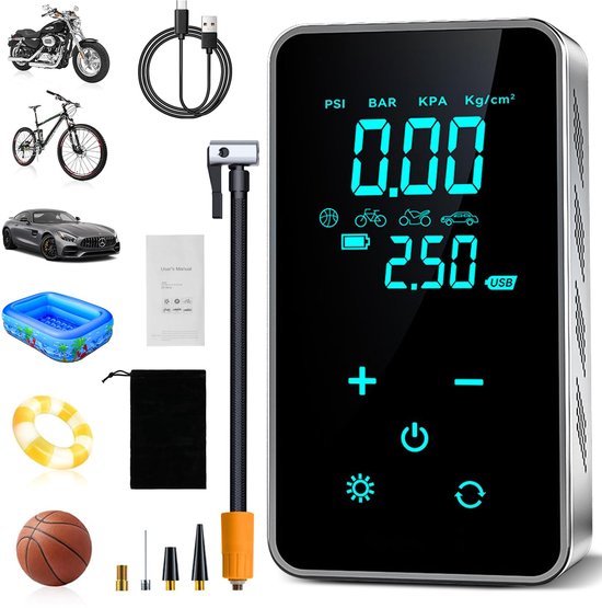 Ynkkvre - elektrische luchtpomp 150 PSI - draagbare mini compressor met digitale display - USB/LED fietspomp en autocompressor - multifunctioneel voor auto, fiets en motor