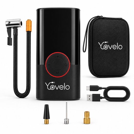 Yovelo - Elektrische Fietspomp - Incl. Opbergtas en 5 Opzetstukken - Luchtcompressor - Voor Fiets, Scooter, Motor en Auto - Elektrische Bandenpomp - Oplaadbaar & Draagbaar - Tot 10.3 Bar - Incl. Powerbank en Lamp met 3 Standen - Voor Noodpakket