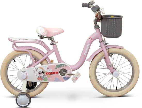 Z2403-kinderfiets-16inch- Pinkzonix Meisjesfiets 16 Inch Roze Kinderfiets Met Zijwieltjes Voor Meisjes Van 4 Tm 6 Jaar Geschikt Voor Kledingmaat 103-118 van Pinkzonix