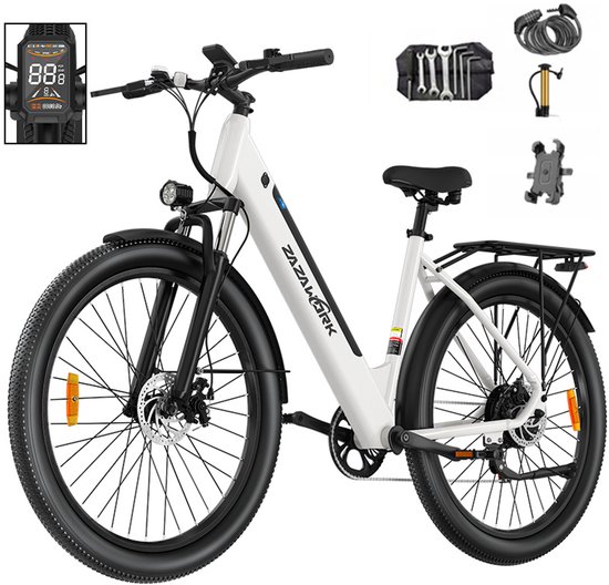 ZAZAWORK C28 Elektrische Fiets – 36V 20Ah – 120 km Bereik – 250W Motor – Shimano 7-Speed – 29” Banden – Aluminium Frame – Wit van Merkloos