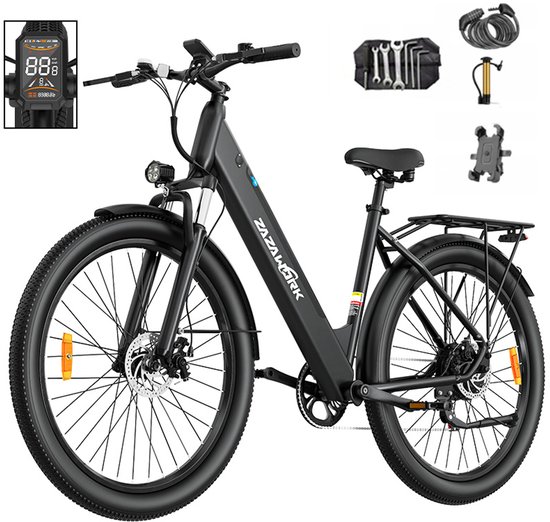 ZAZAWORK C28 Elektrische Fiets – 36V 20Ah – 120 km Bereik – 250W Motor – Shimano 7-Speed – 29” Banden – Aluminium Frame – Zwart