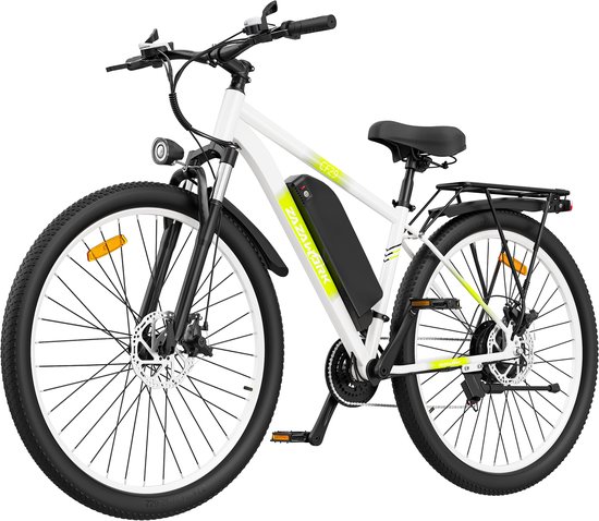 ZAZAWORK CF29 29" Elektrische Fiets 250W 48V 15Ah - 21 Versnellingen - 80-100 km Actieradius - Shimano - LED Display - Stads - & Mountainbike - Wit en groen