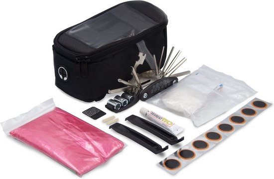 Zwarte fietstas met reparatieset, eerste hulp en poncho - Fiets gsm houder - 20*12*9cm van FastRider